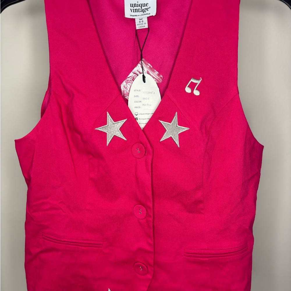Unique Vintage 1970s Pink & Glitter Star Button Up Vest New with Tags Medium 6/8 - Picture 3 of 7
